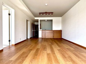 居間 縦長リビングは壁面が広いため、収納や家具などを自由に配置しやすいです